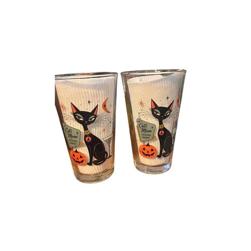 2- 16 oz Retro Halloween Black Cat Cocktail Glass, Heavy Pilsner Beer Glass